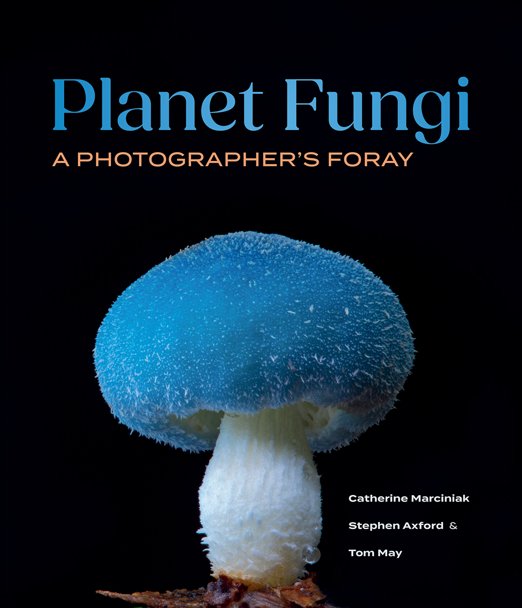 Cover of 'Planet Fungi: A Photographer's Foray', featuring a strikingly beautiful mushroom with a thick white stem and round blue cap.